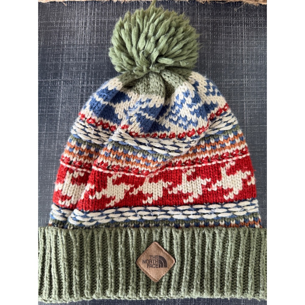 The North Face Fair Isle Knit Beanie Pom Pom Hat Olive Green Red Blue Multi